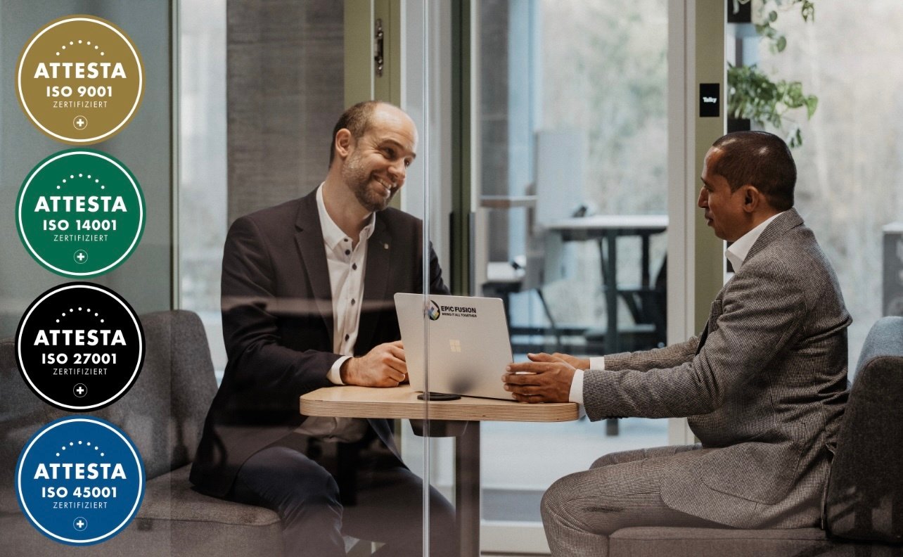 Epic Fusion ist nach den internationalen ISO-Standards ISO 27001, ISO 9001, ISO 14001 und ISO 45001 zertifiziert.