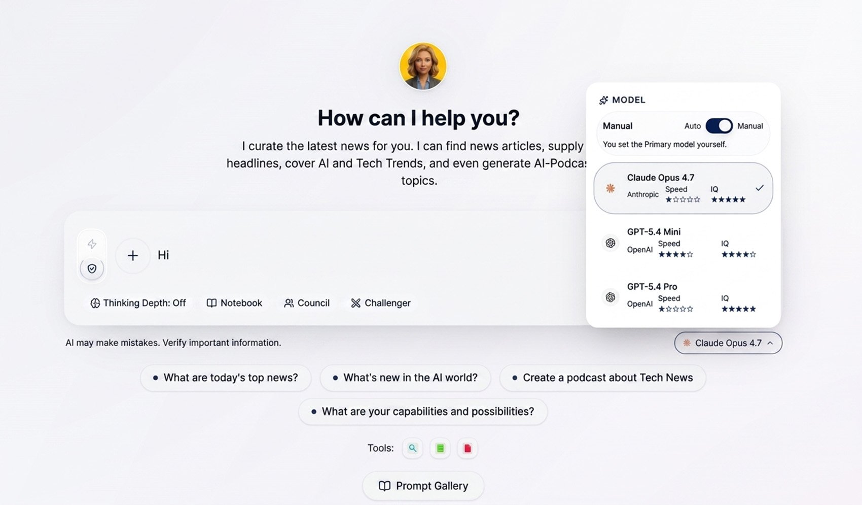 Frontier Engine AI Assistant Chat Interface Model Selection