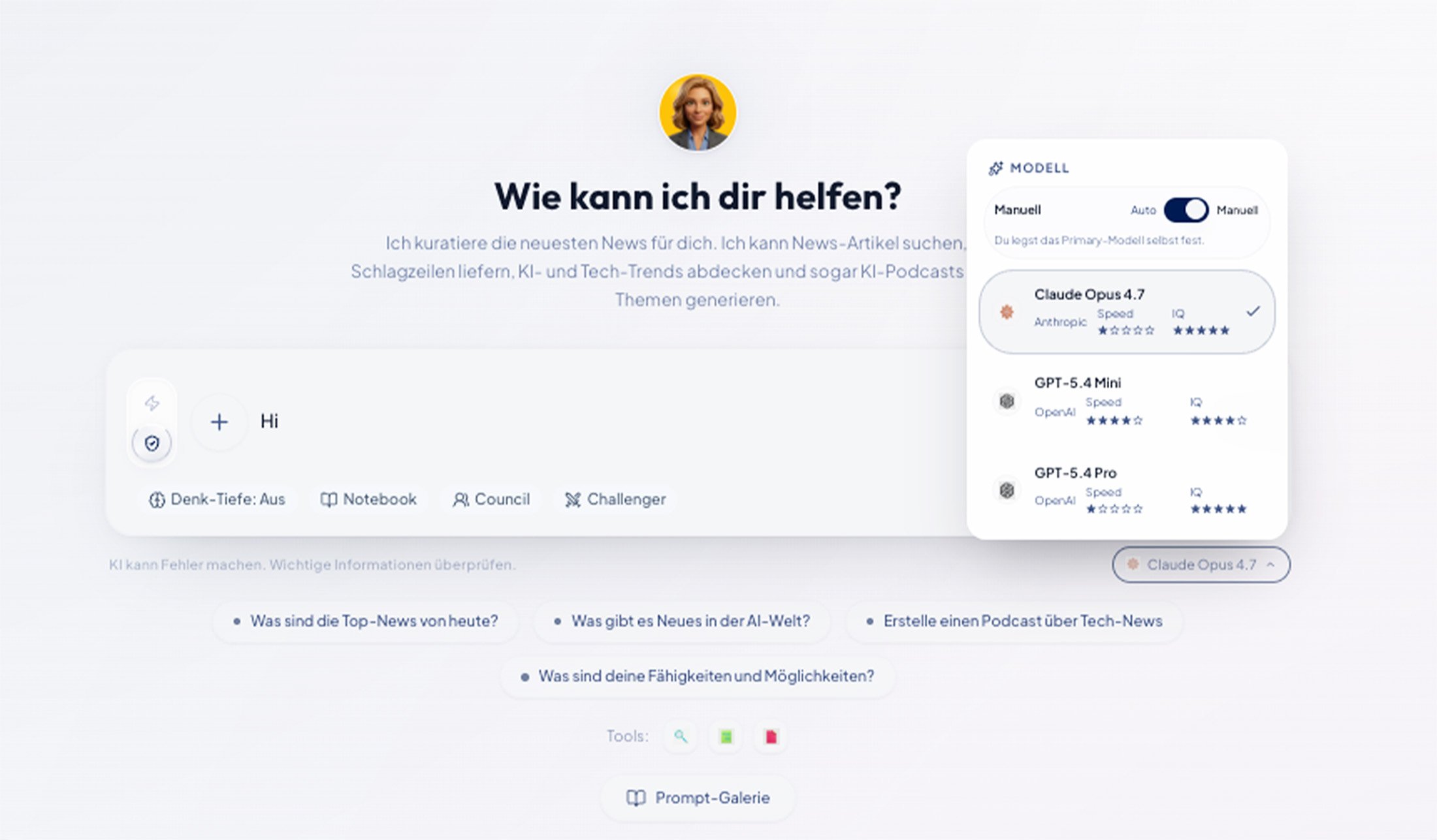 Frontier Engine KI Assistent Chat Interface Modellauswahl