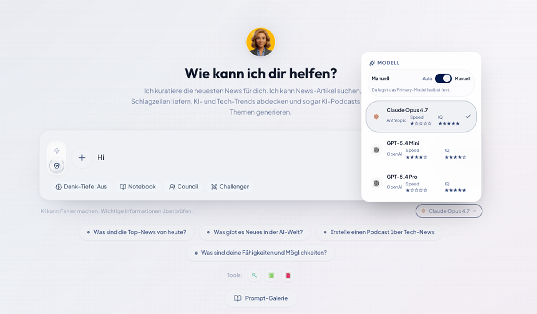 Frontier Engine KI Assistent Chat Interface Modellauswahl