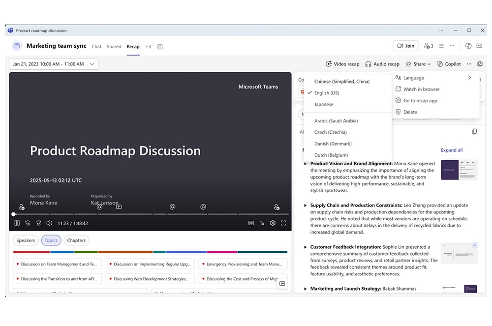 Microsoft Copilot Wave 7 Teams Summary in other languages
