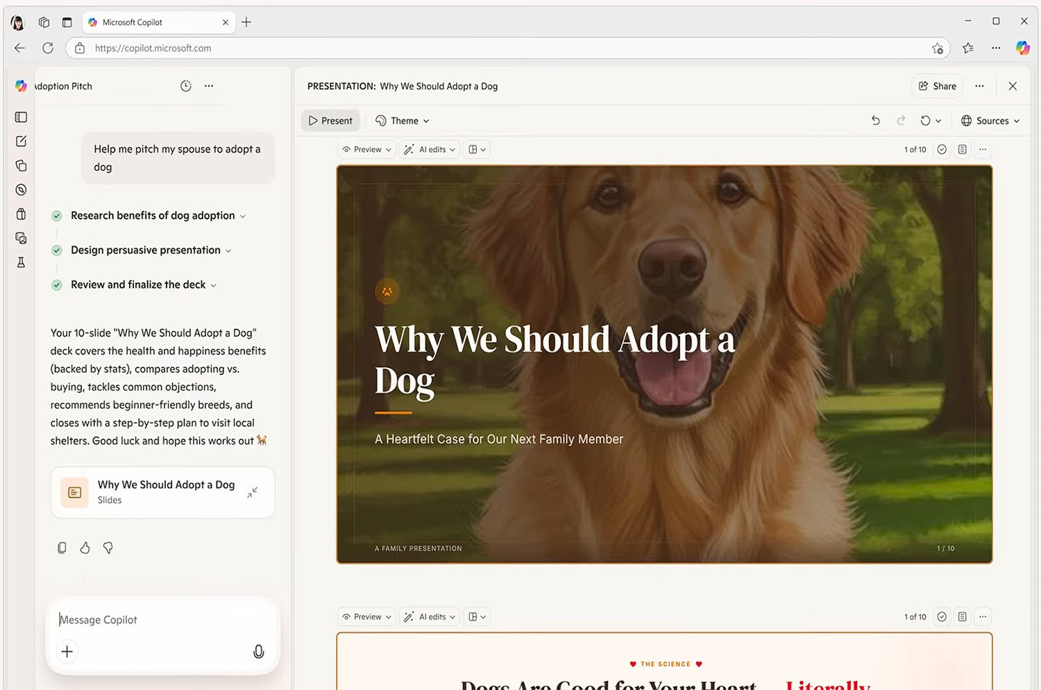Microsoft Copilot Tasks Beispiel Hund adoptieren