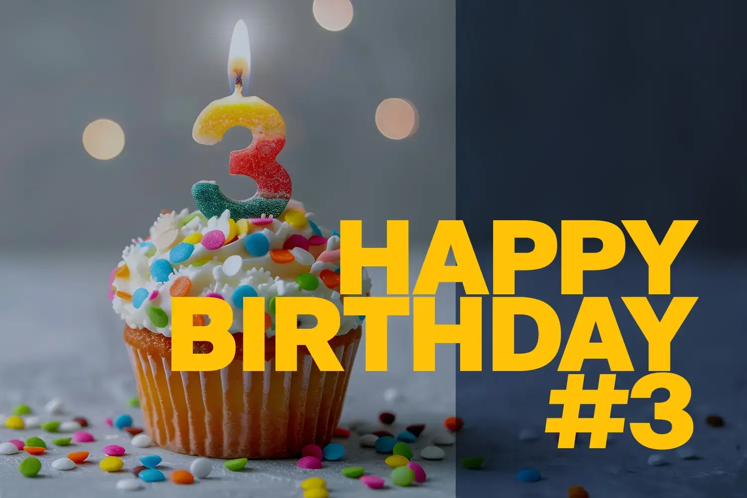 Three years of Epic Fusion. Happy Birthday with a colorful cupcake and a candle representing the number three.