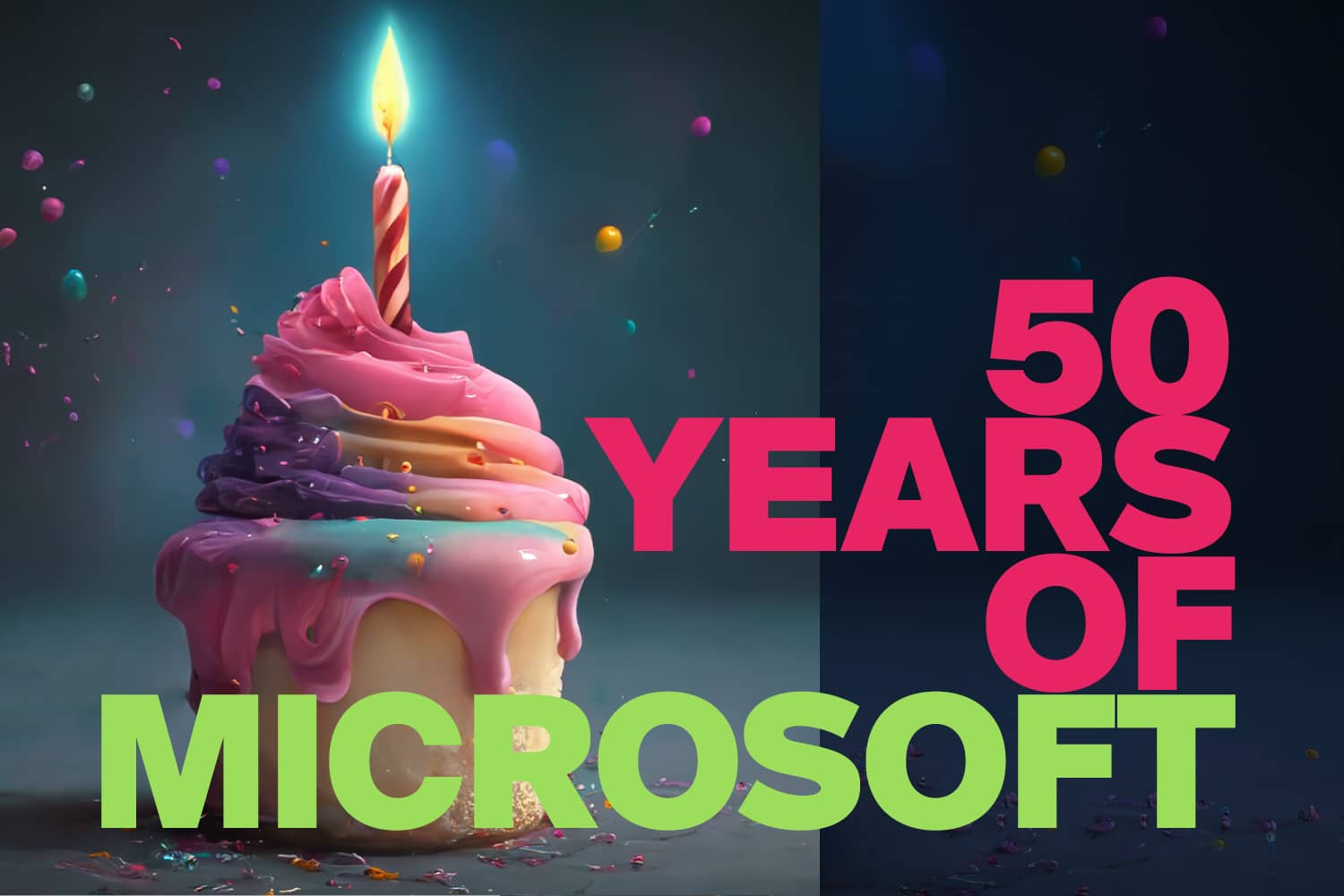 Illustration of a cupcake with a lit candle, symbolizing Microsoft's 50th anniversary.