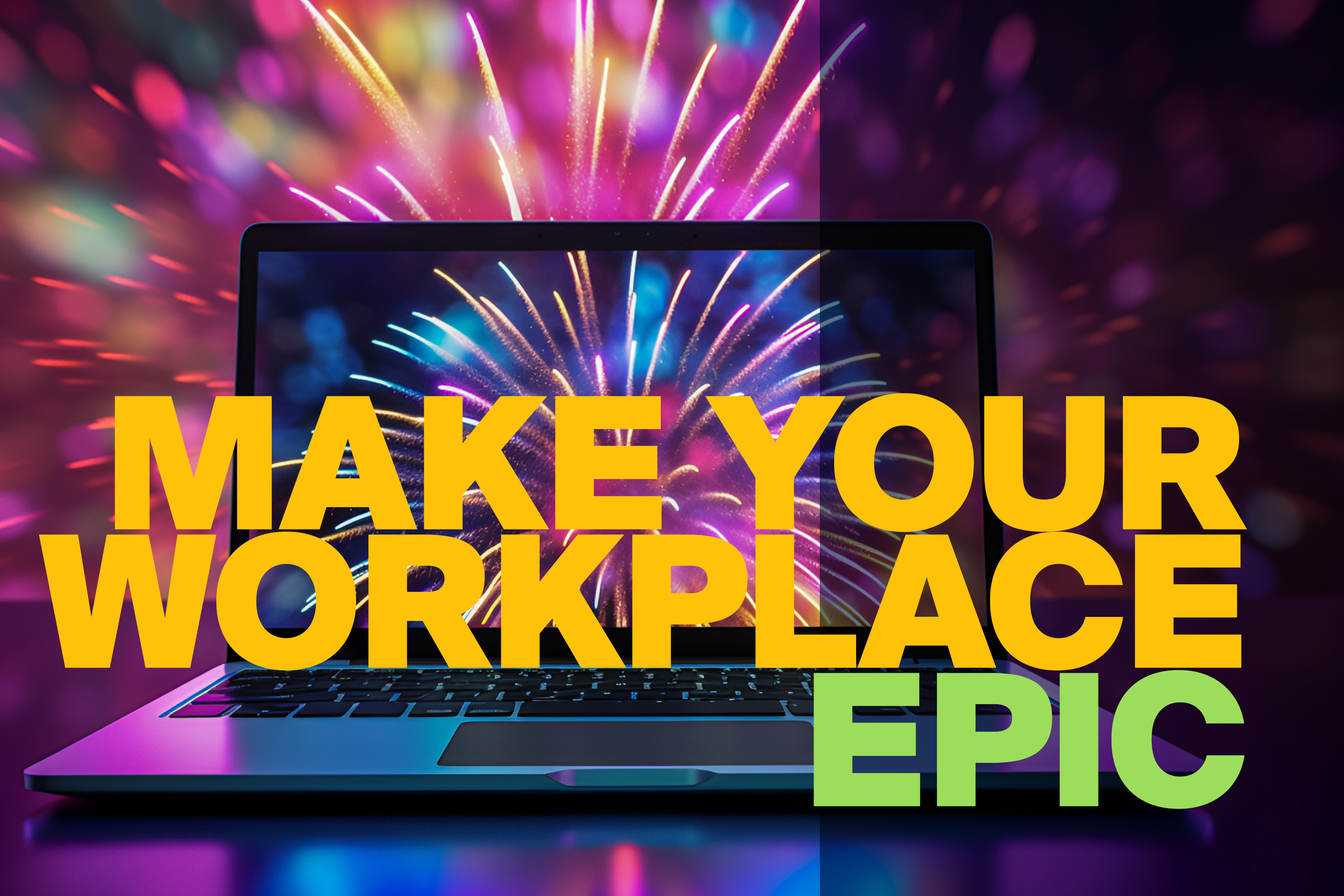 A laptop set against a backdrop of colorful fireworks, symbolizing a modern and powerful digital workplace.