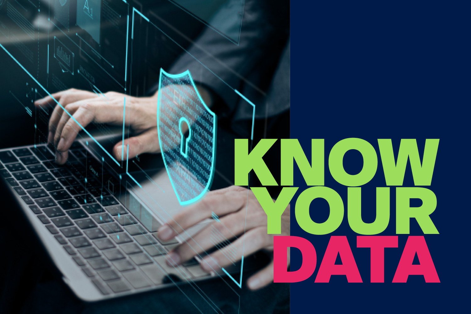 A person is working on a laptop with digital security features in the context of Microsoft Purview and data governance.