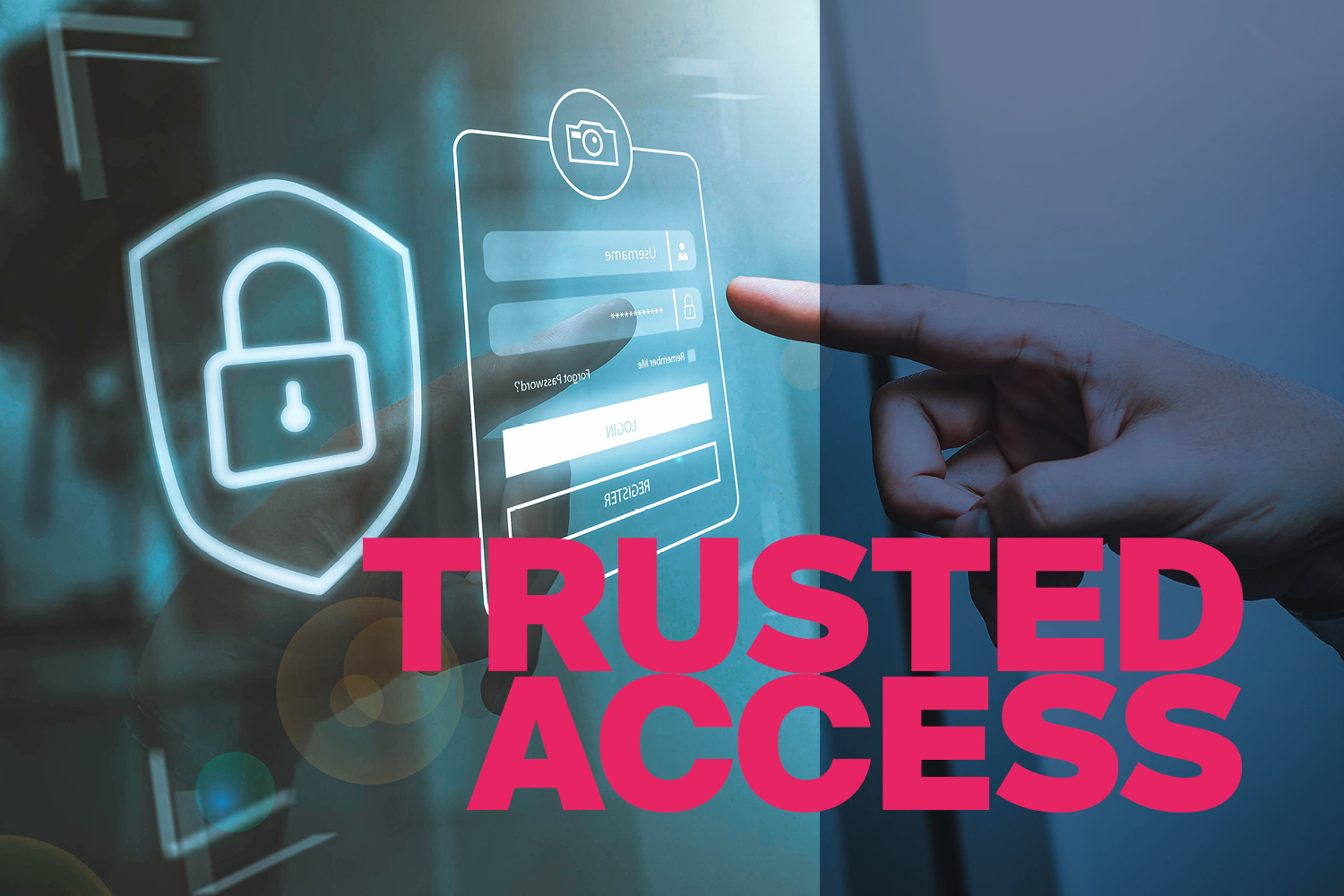 A hand in front of a digital login interface featuring a security icon, representing modern authentication and secure access management.