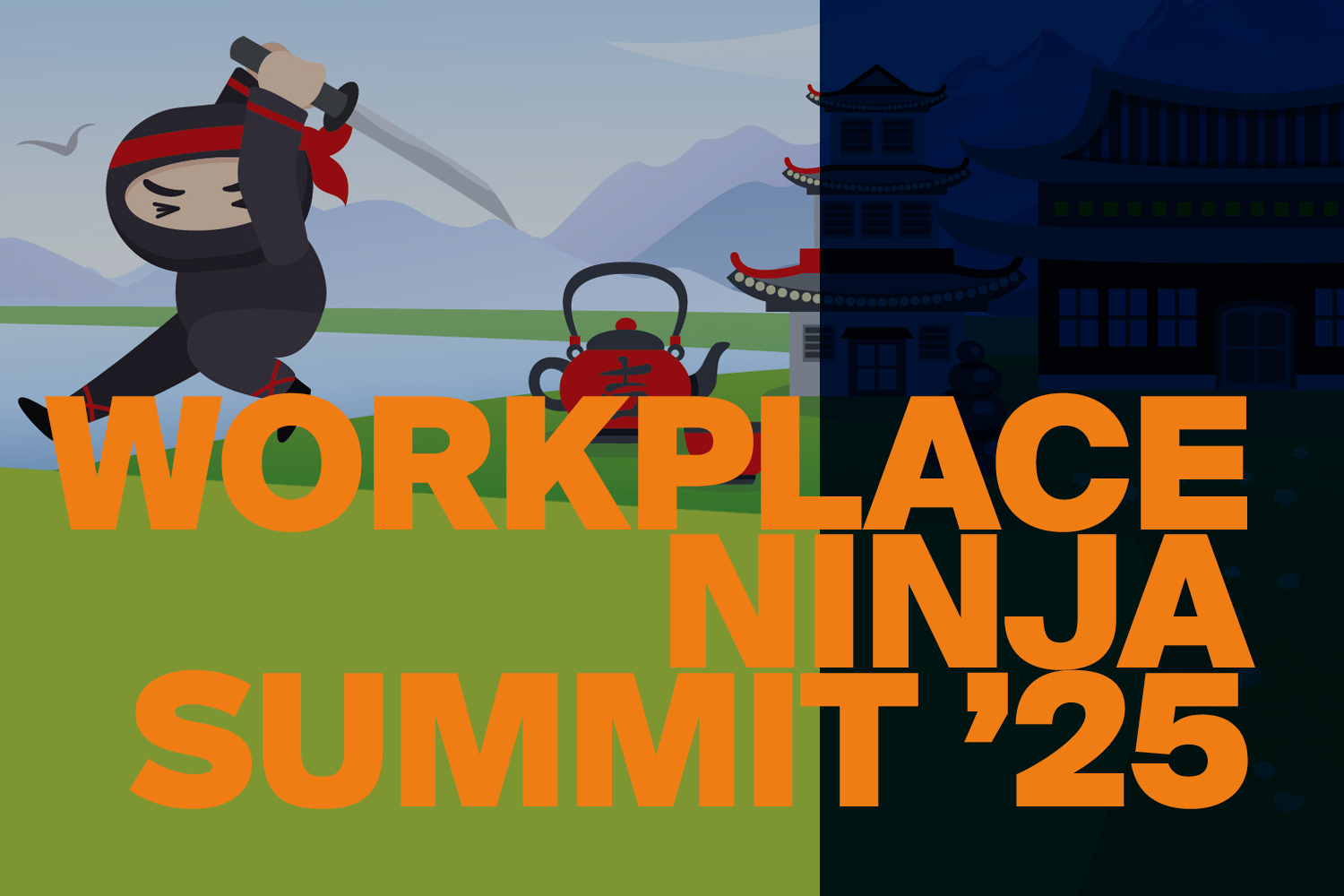 Illustration of a ninja against an Asian landscape, serving as the symbol for the Workplace Ninja Summit.
