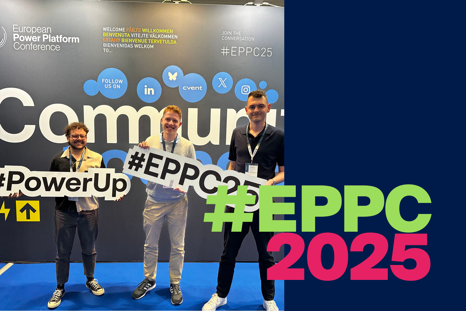 Three Epic Fusion employees at the European Power Platform Conference in Vienna.